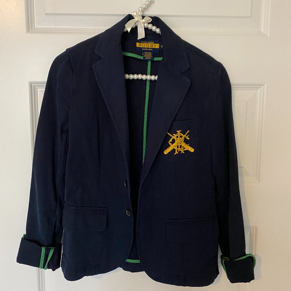 Ralph Lauren RUGBY Womens Navy Blue Blazer Pattern Color with Pocket Emblem